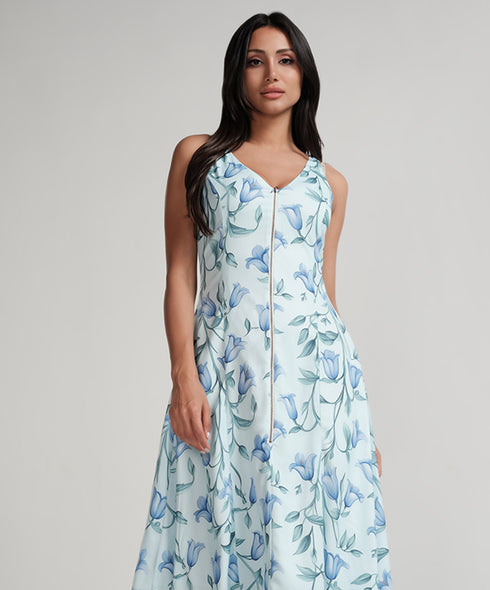 Vneck Zipper Attached Printed Dress